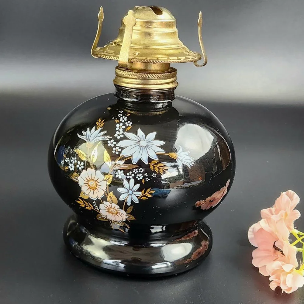 Vintage Oil Lamp - Black Base - Floral Design - 14 1/4